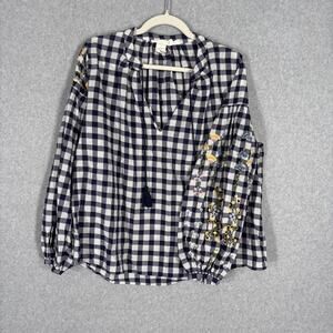 H&M Top 12 Navy White Gingham Embroidered Puff Boho‎ Cottage Maximalist Peasant
